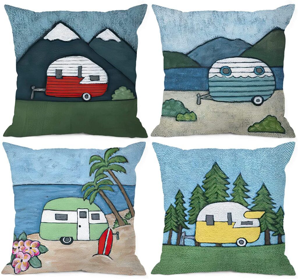 Happy Camper Touring Car Square Cushion Cover – 45x45cm Cotton Linen Throw Pillow Case