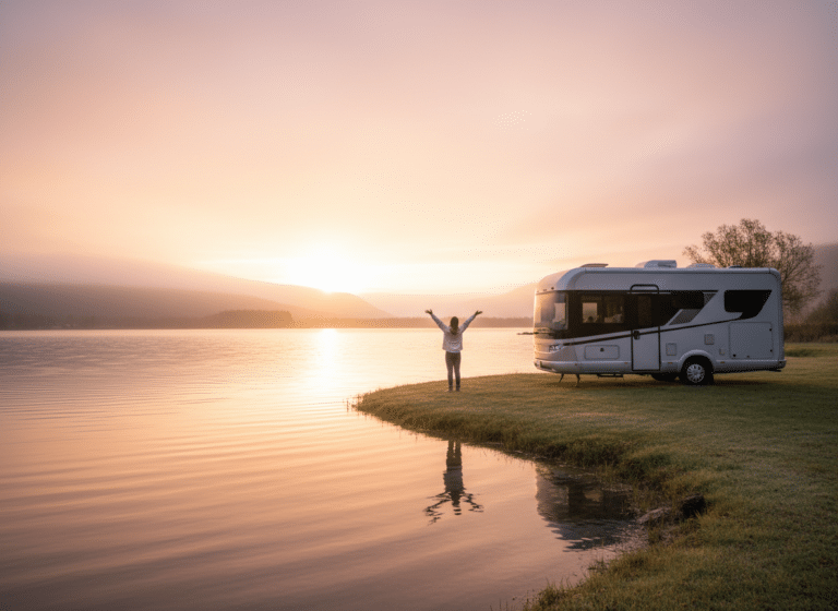 happy camper with her arms in the error on edge of lane in front of her RV - RV Lifestyle with Mike and Jennifer Wendland
