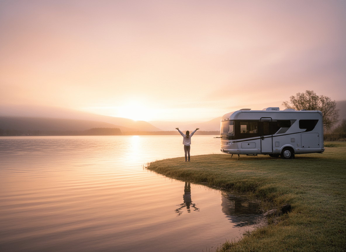 happy camper with her arms in the error on edge of lane in front of her RV - RV Lifestyle with Mike and Jennifer Wendland