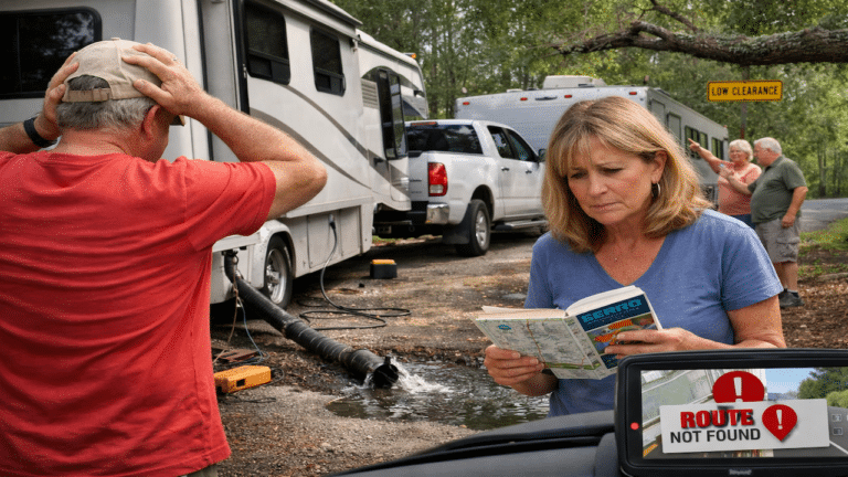 photo of couple experiencing beginner rv mistakes with camping problems