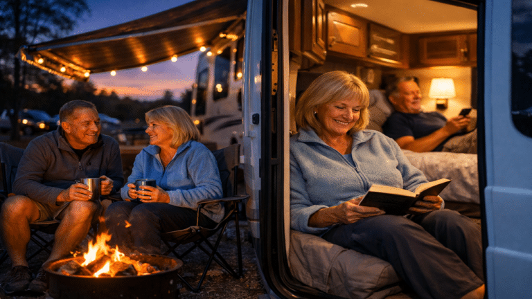 Retired couple relaxing outside and inside their RV at dusk during their first overnight campground stay