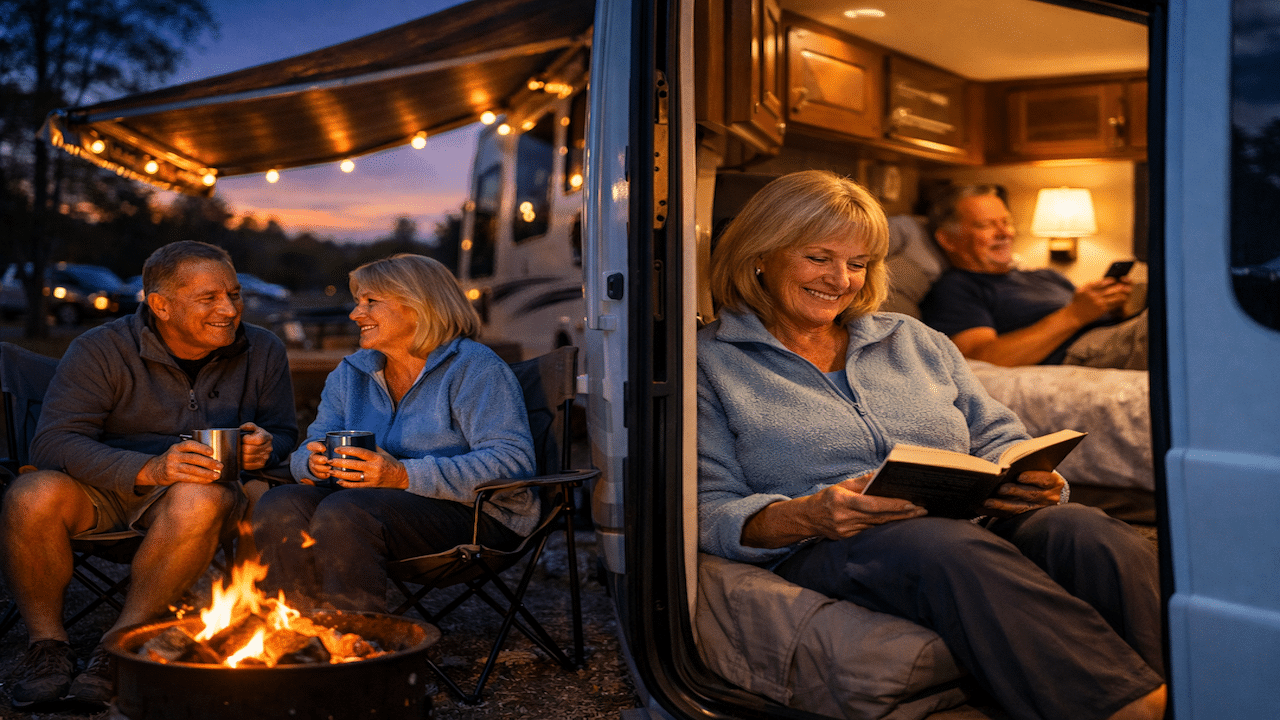 Retired couple relaxing outside and inside their RV at dusk during their first overnight campground stay
