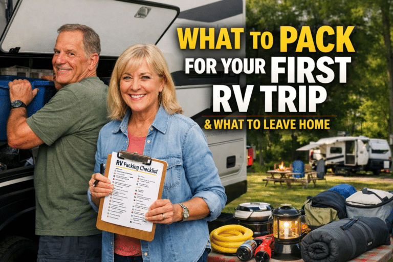 What to Pack for Your First RV Trip Retired couple packing a well-organized RV for their first trip, with travel gear, checklist, and campground setting in the background