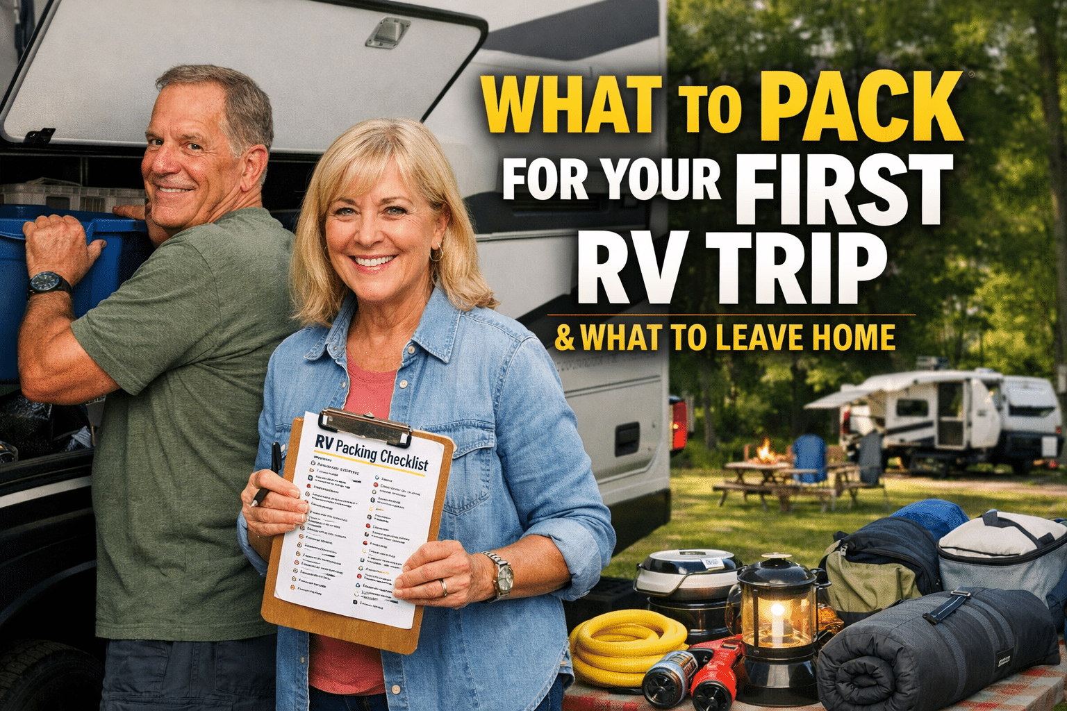 What to Pack for Your First RV Trip Retired couple packing a well-organized RV for their first trip, with travel gear, checklist, and campground setting in the background
