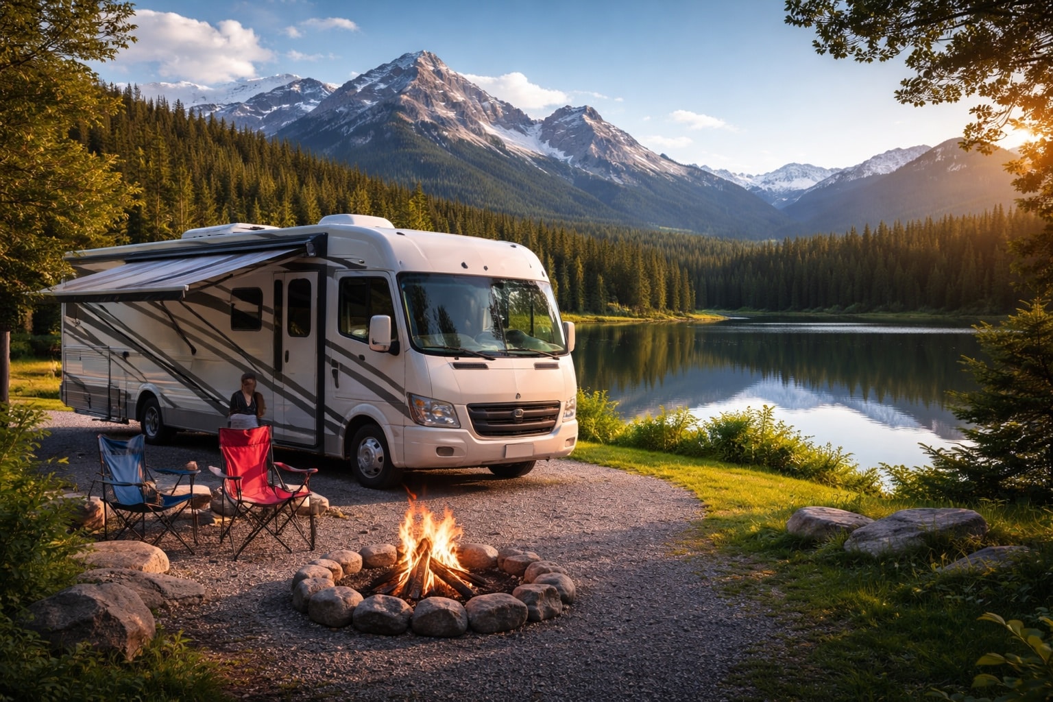 RV travel lifestyle guide showing motorhome camping in scenic campground