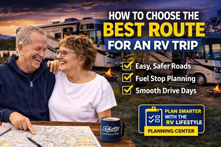 Mike and Jennifer planning an RV route with maps and a motorhome in the background at sunset