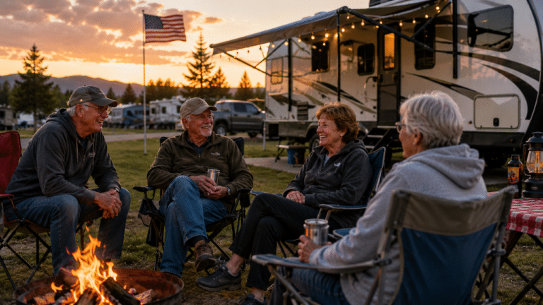 two couples in a campground smiling and chatting around a campfire