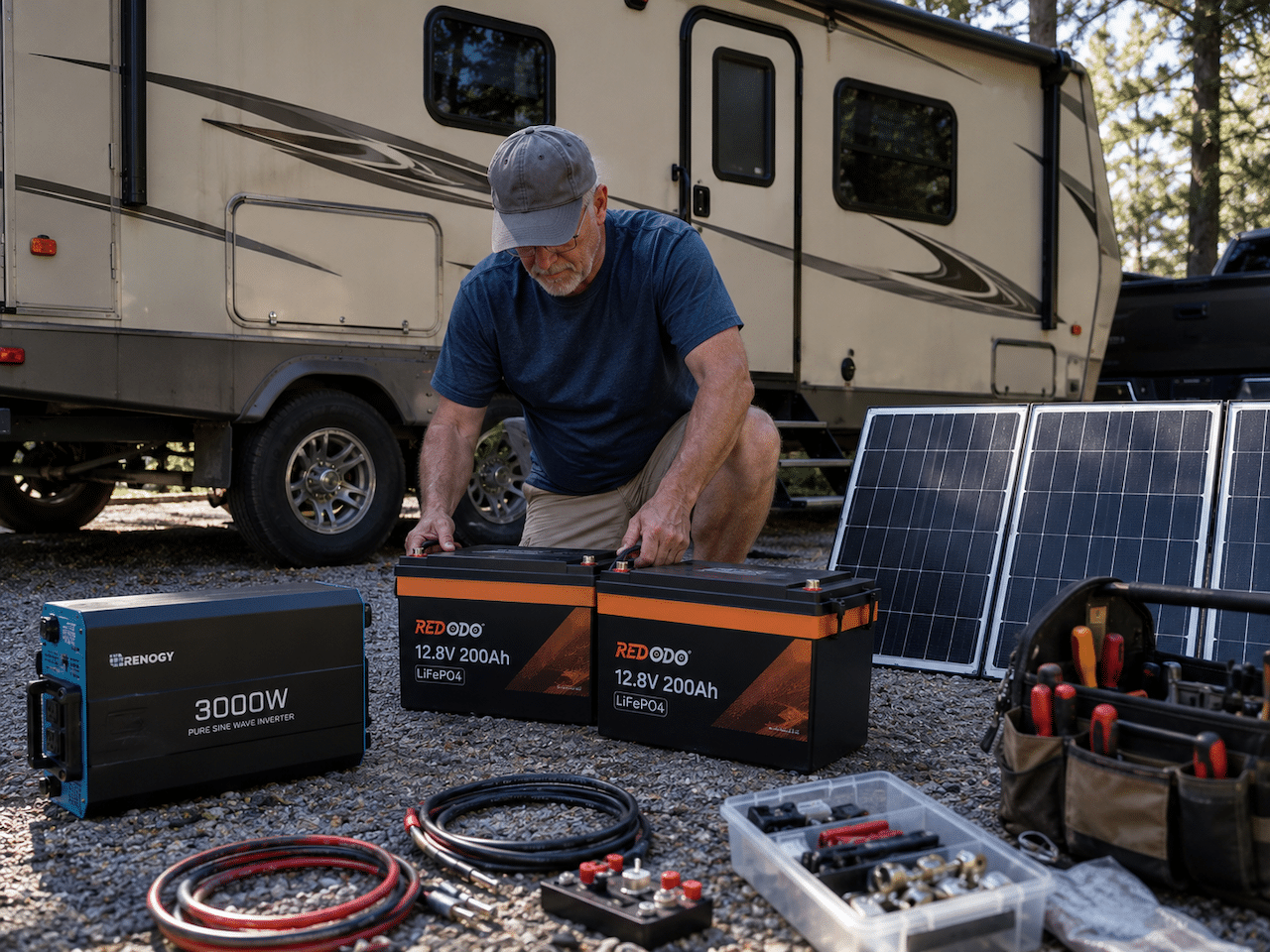 owner of an older rv with a some new lithium batteries about to install in front of the rv, with solar olar panels next to it and a new interver not far away ready to be installed too Why More RV Owners Are Keeping Their RVs Longer