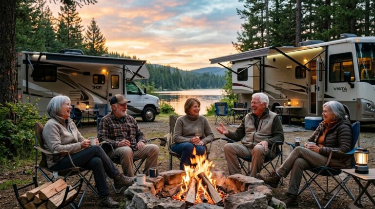 RV in Retirement RV in retirement Retirees around a campfire
