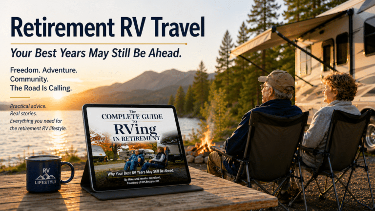 Couple relaxing at a scenic campsite with the Complete Guide to RVing in Retirement ebook on a tablet on the picnic table next to them