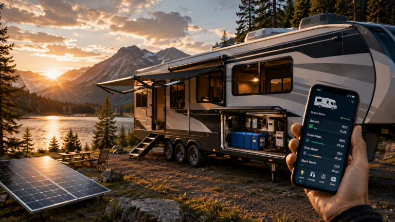 A smartphone connected to an RV that is equipped with smart technology