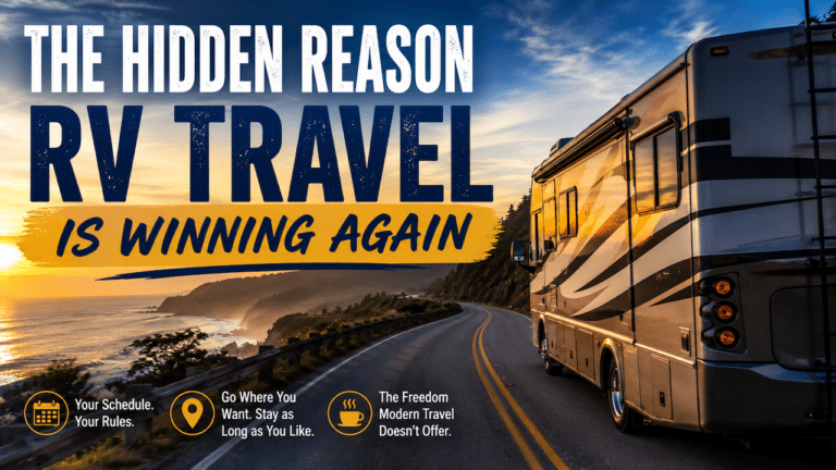 Photo of rv on the road and explaining why americans are chosing why rv travel