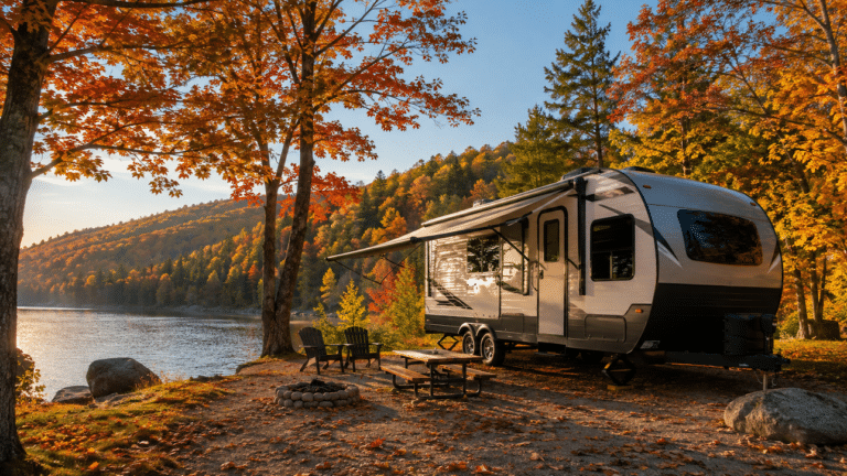 beautiful fall rv camping scene showing a travel trailer parked at a lake surrounded by fall color