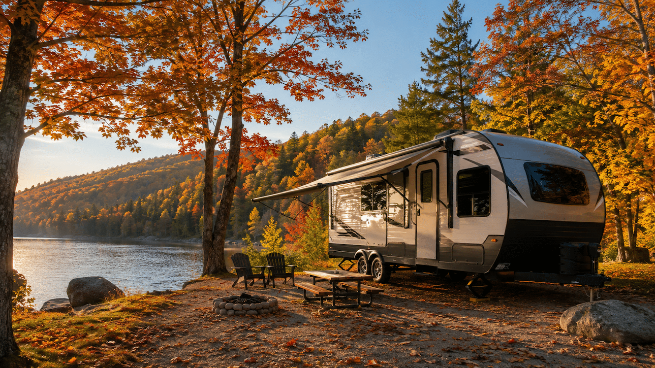 beautiful fall rv camping scene showing a travel trailer parked at a lake surrounded by fall color